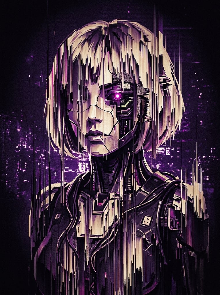A feminine android with a bob-style haircut rendered in a dramatic glitch art aesthetic. The android's features are heavily distorted by intense vertical pixel sorting, creating severe downward-streaking digital striations across the face and hair. Deep purples, dark violets, and black shadows dominate the color palette, contrasting with muted beige and cream highlights. The highly stylized composition features sharp contrast and a dark vignette background, emphasizing the vertically fragmented digital manipulation.