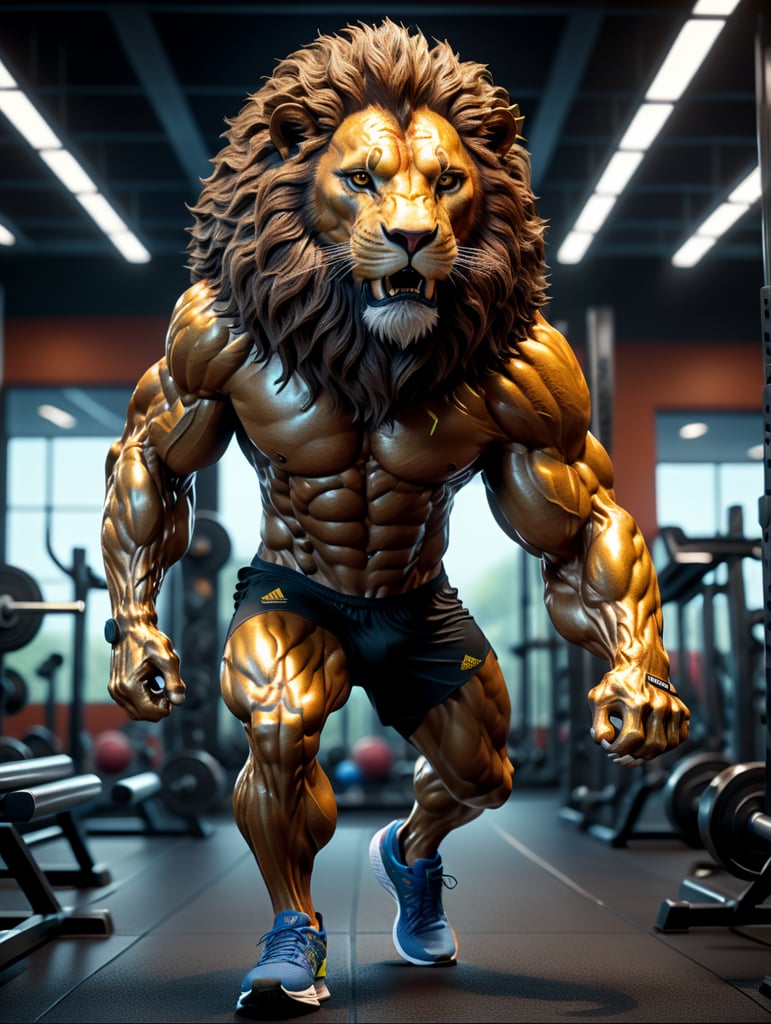 realistic lion man,8k, unreal engine render, full body wearing running shoes work out at gym