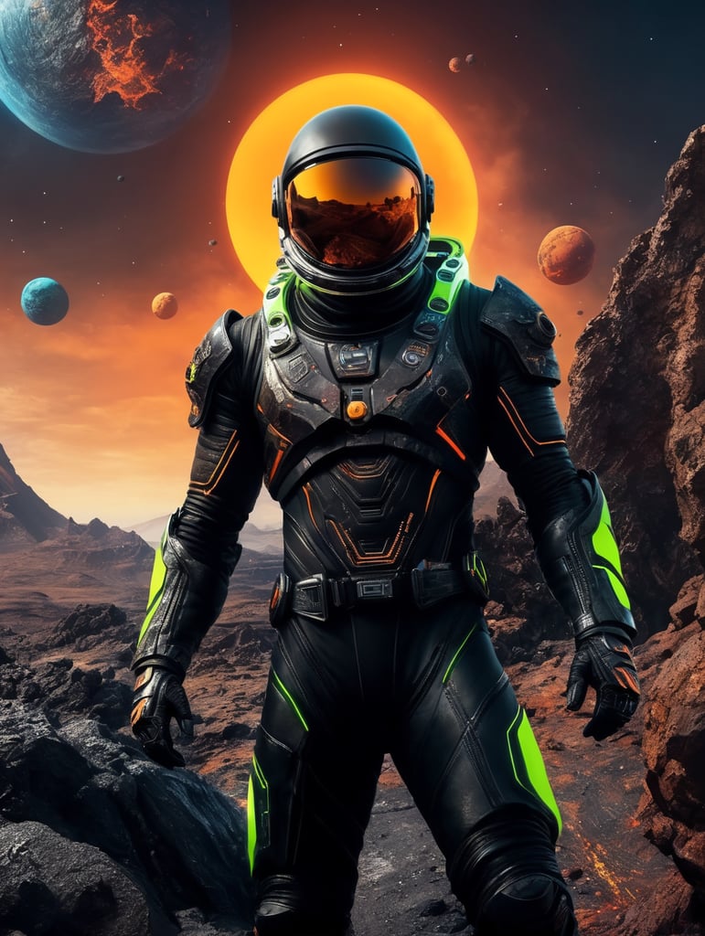 Space traveler in a black rock in middle of the universe. futuristic slim Astronaut suit with neon futuristic unique helmet , super hero style suit, warrior style suit, energy blast in the background, space war, more neon, energy explosion, fluor colours, yellow orange, vibrant, saturated, a lot graffiti on the suit. Scratch on the suit, Rocks like mars planet, volcano