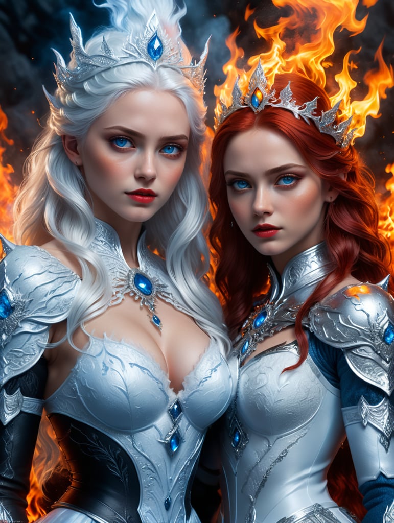 two girls, ice queen with fire queen, ice queen in white blue eyes white hair, fire queen in red black beautiful brown eyes red hair
