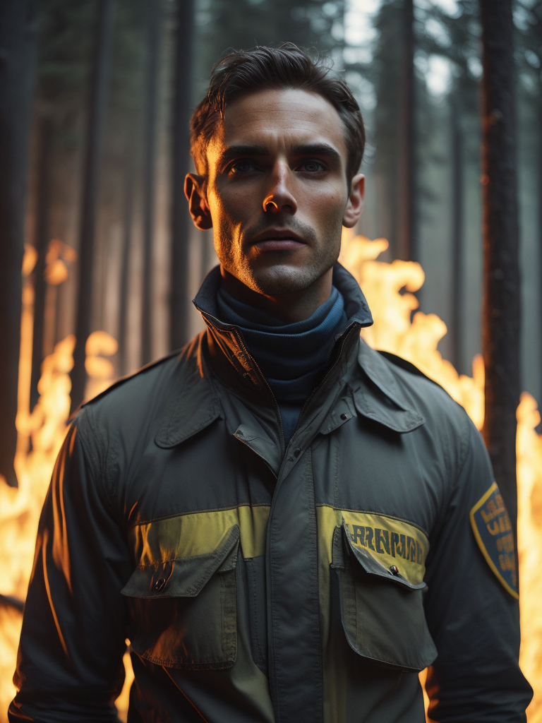 epic portrait of a Firefighter, close-up, forest fire, British Columbia Wildfire, Canada, smile on his face