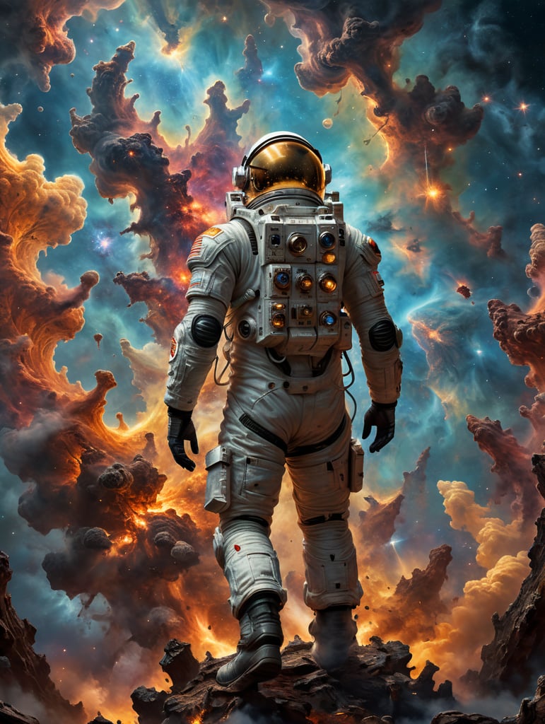 The astronaut's suit glimmers in the reclection of a muclear mushroom explosion cloud as they gaze upon the iconic pillars of creation.