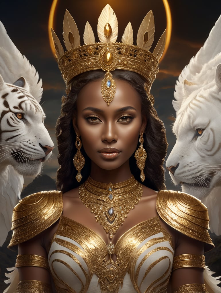 Nubian princess wearing golden crown with bones and a golden dress with feathers and riding a roaring white tiger with golden wings standing over a hill with a sunset in the background