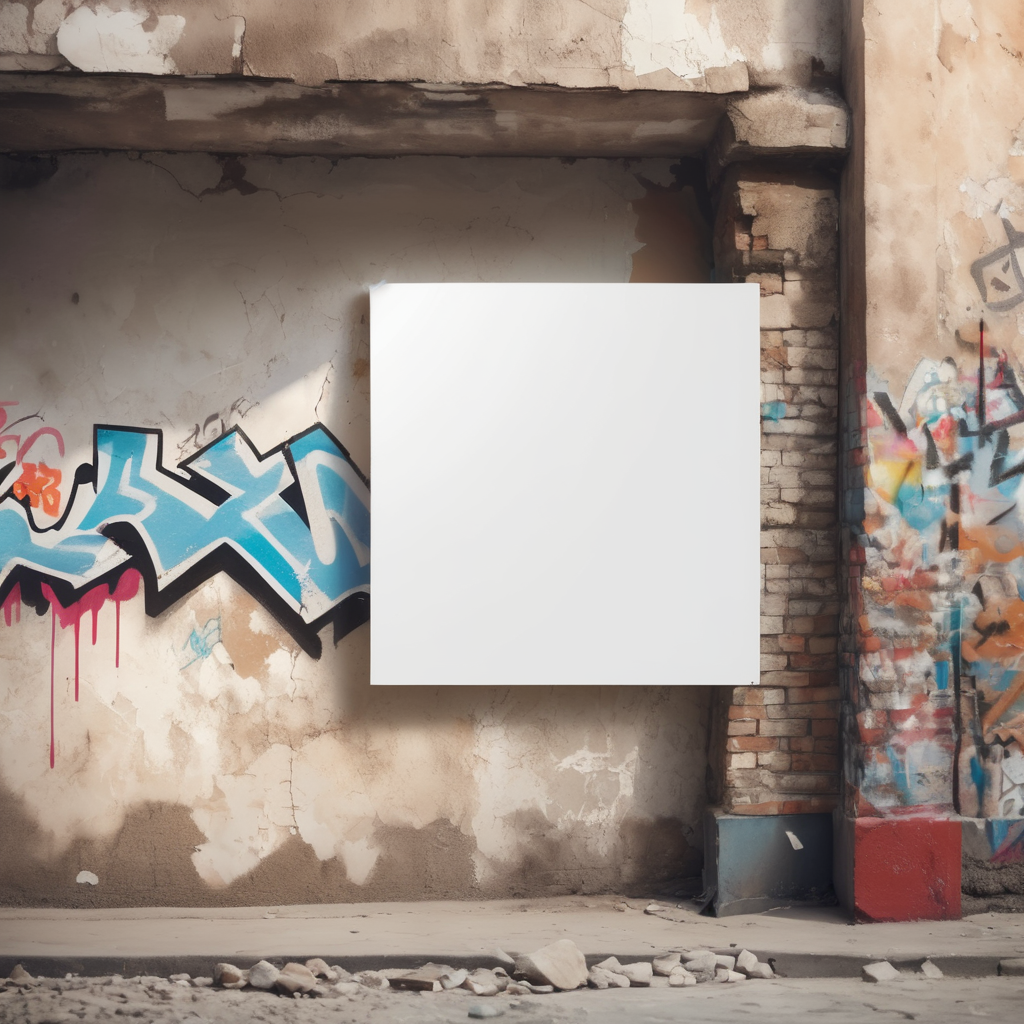 a white blank poster hangs on an old shabby wall with graffiti, the corner of the poster is bent, people are blurred, daylight, mockup, mock up