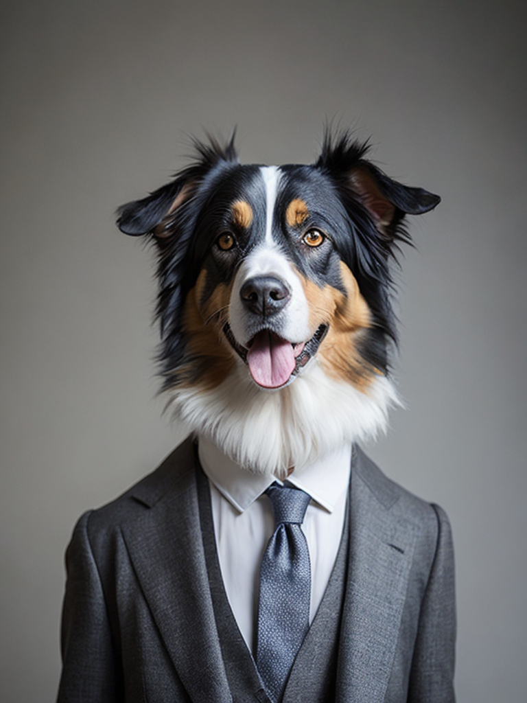 grey australian shepherd in a suit and tie, highly detailed photo, professional photo