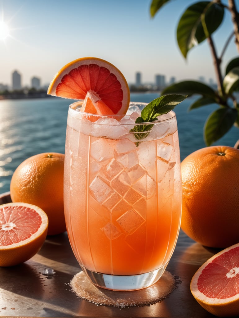 Grapefruit juice cocktail, with ice cubes in the glass and a salt rim, amazing photo, very realistic, elegant and tasty, photography, condensation, f2.8, 50mm lens, intricately detailed, 8k, cinematic production, highly detailed, highly realistic, sunny mexico in the background