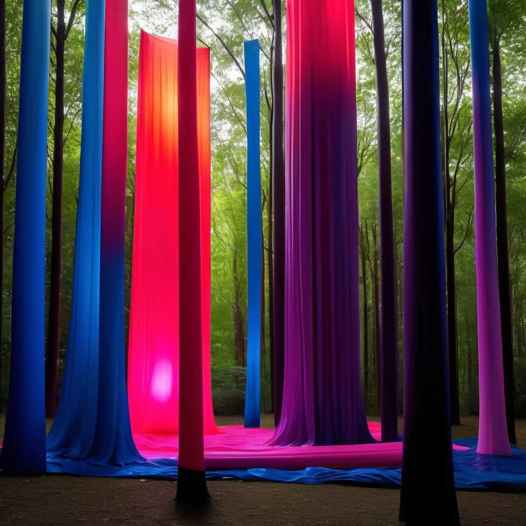 Esculturas de colores vibrantes muy altas hechas de látex y con luz inspiradas en la obra arquitectónica de Luis Barragán cubiertas con tela semitransparente en medio de un bosque muy obscuro