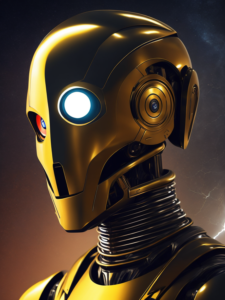 Robot illustration with two faces in the same face, bipolar face, cinematic lightning, like c3po star wars