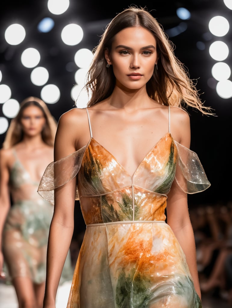 Generate a collection of translucent and transparent, liquid fire dresses on models to promote mental health awareness on fashion show runway. The collection should be both visually striking and meaningful, and it should convey a message of hope and resilience. The collection should be sustainable and ethical, made from recycled materials or produced in a fair labor environment. With light inside.