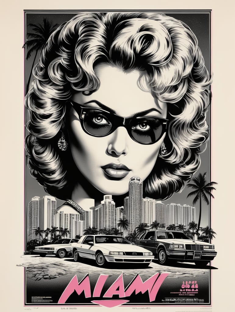 Miami 1984 cocaine eye-catching poster-style drawing and illustration representing the iconic pulp style.