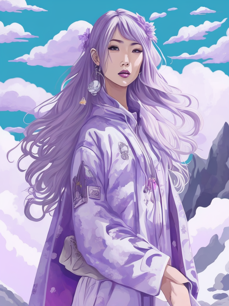 beautiful woman, wear Supreme, circa 2018, Harajuku pop style, Kanna Hashimoto, hyper detailed, hypermaximalist, glacier white theme, pastel purple gray background, clouds