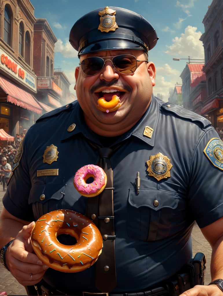 very fat cop eating a donut, happy, sunglasses, image, portrait