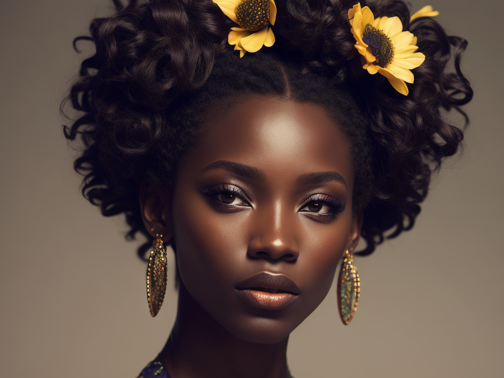 Pretty african girl with flowers in hair, fashion magazine, sharp focus,highly detailed,bright and saturated colors,elegant