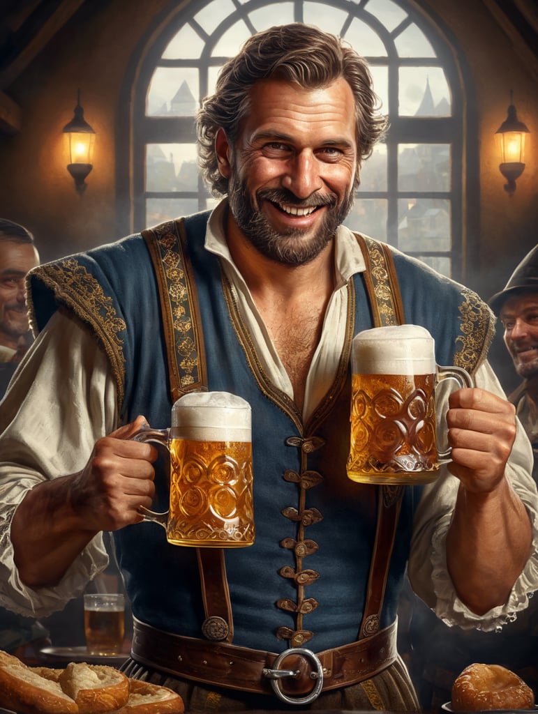 Bavarian man holding a mug of a beer, happy, traditional german costume, Oktoberfest, poster