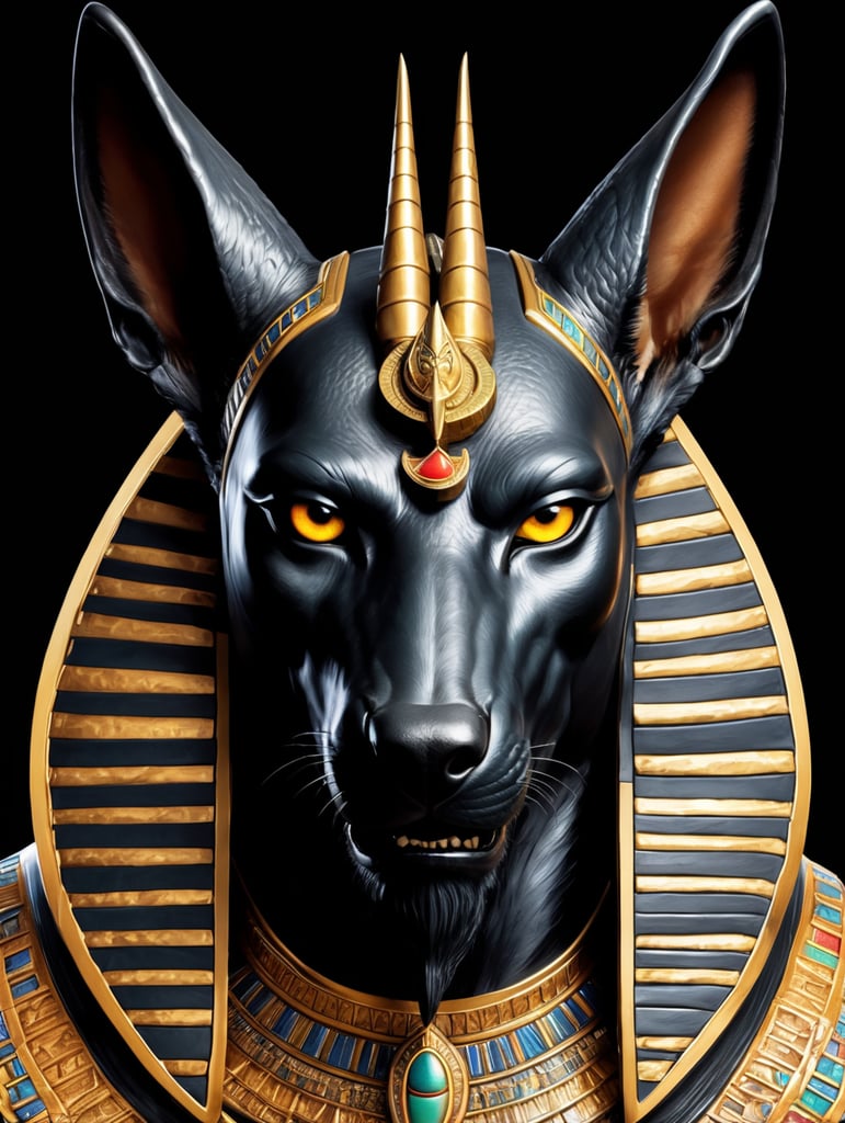 Egyptian god Anubis, portrait, hyper-realistic, dark style, focus on face, sharp on details, black background