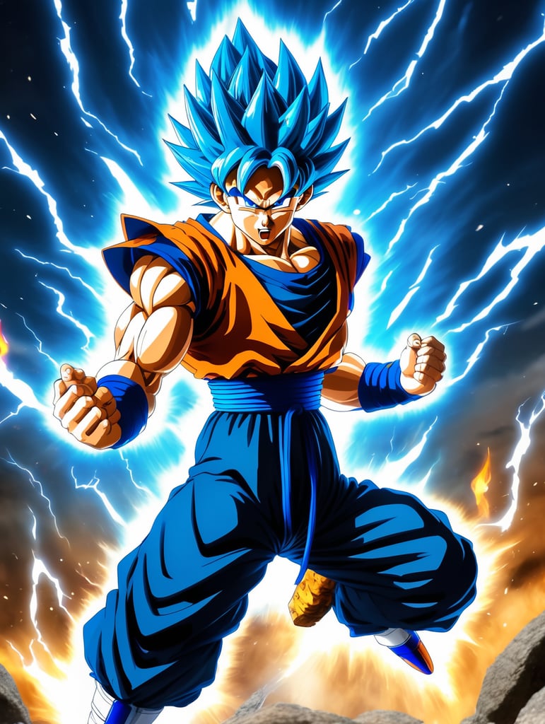 Goku from dragonball z turning super sayain blue