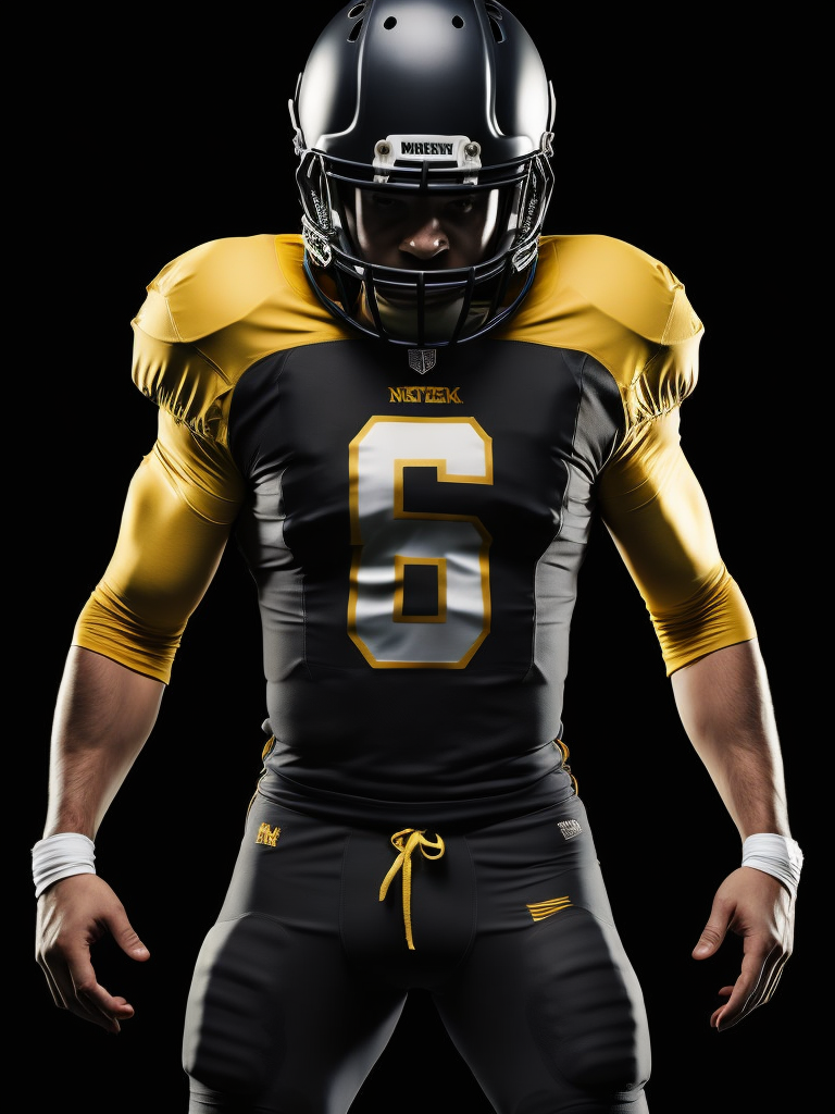 American football player, black an yellow colors, black background, dark atmosphere
