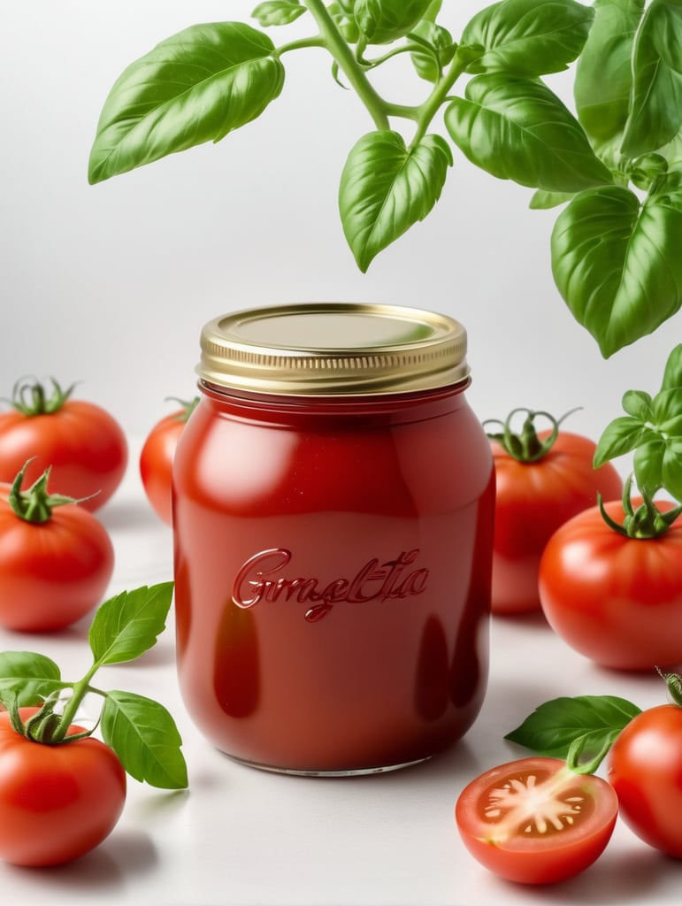 tomato ketchup jar, red tomato with green leaves, isolated, white background, mockup