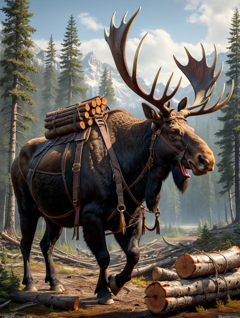 A large bull moose harnessed with leather straps hauling logs, profile view, simplified