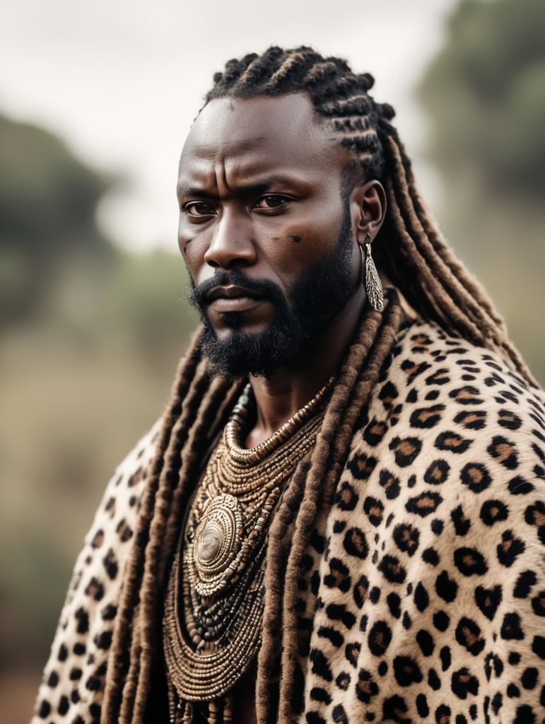 A Kenyan tribal warrior with dreadlocks and beard. Wearing a leopard skin poncho. He is strong and calm.