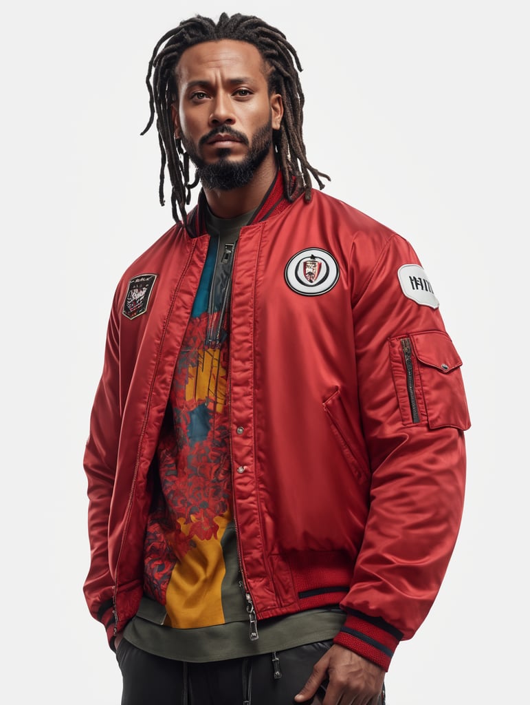 a man with dreadlocks on his head is wearing a colored jersey and a red bomber jacket