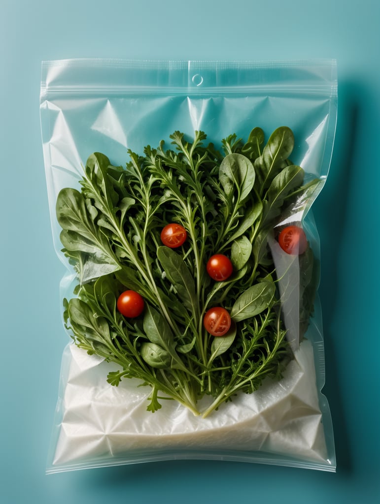 blank Transparent Plastic bag with Arugula Salad, isolated, cyan background, Mockup, mock up
