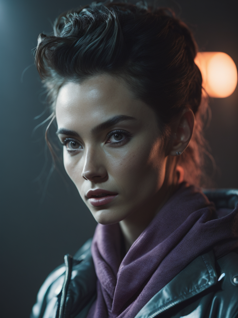 Detailed portrait neon cleaner woman, cyberpunk futuristic neon, reflective puffy coat, perfect face, fine details