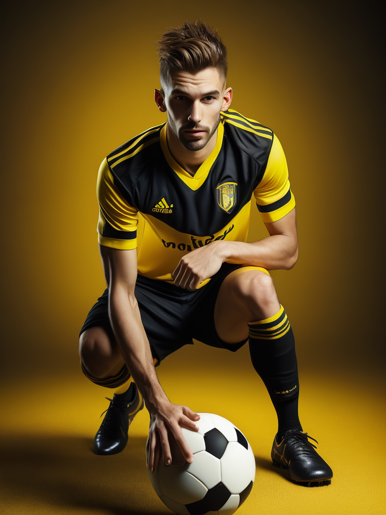 Portrait of soccer english player 1900, yellow and black shirt, whole body, bright and saturated colors, elegant, highly detailed, vogue, fashion magazine, sharp focus, Bright expressive makeup, Dramatic Lighting, Depth of field, Incredibly high detailed, blurred background