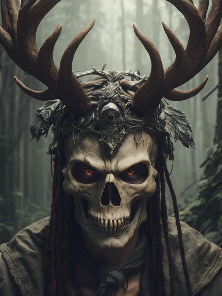 portrait of a Celtic pagan druid wearing a stag skull mask, rune symbols, fantasy concept art, highly detailed