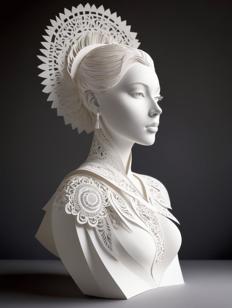 White cut paper sculpture woman, focus on details