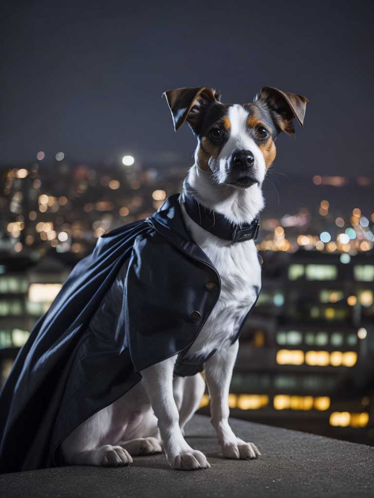 jack russell in a batman costume on the edge of the roof looking at the city