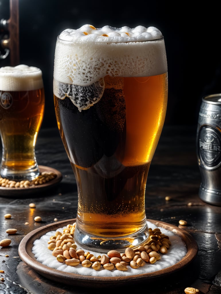 small round stainless steel plate filled with dry peanuts, one gorgeous pint of beer, beer swirl inside glass, one inch of white foam on top, transparent beer, frozen glass, advertisement, highly detailed