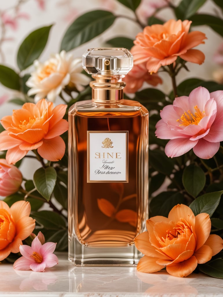 Luxury perfume bottle with blanc label, snake next to the bottle, floral background, pink and orange flowers