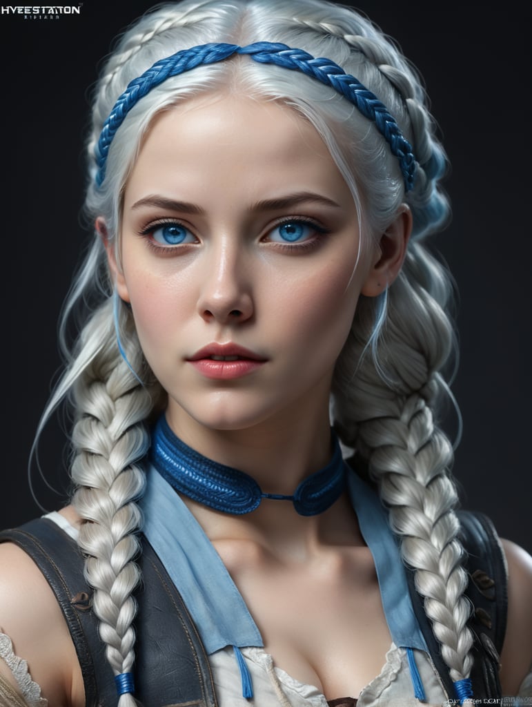 a young woman, white skin, white hair two braids long with a blue headband, curvy body, beautiful blue eyes,