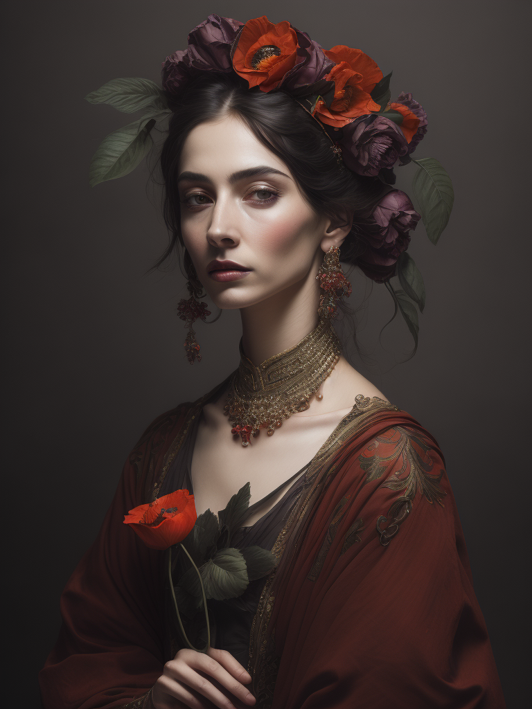 Giuseppe Scuderi, ultrafine detailed painting of a woman with an opium poppy flower in hir hair, whimsical, detailed painting