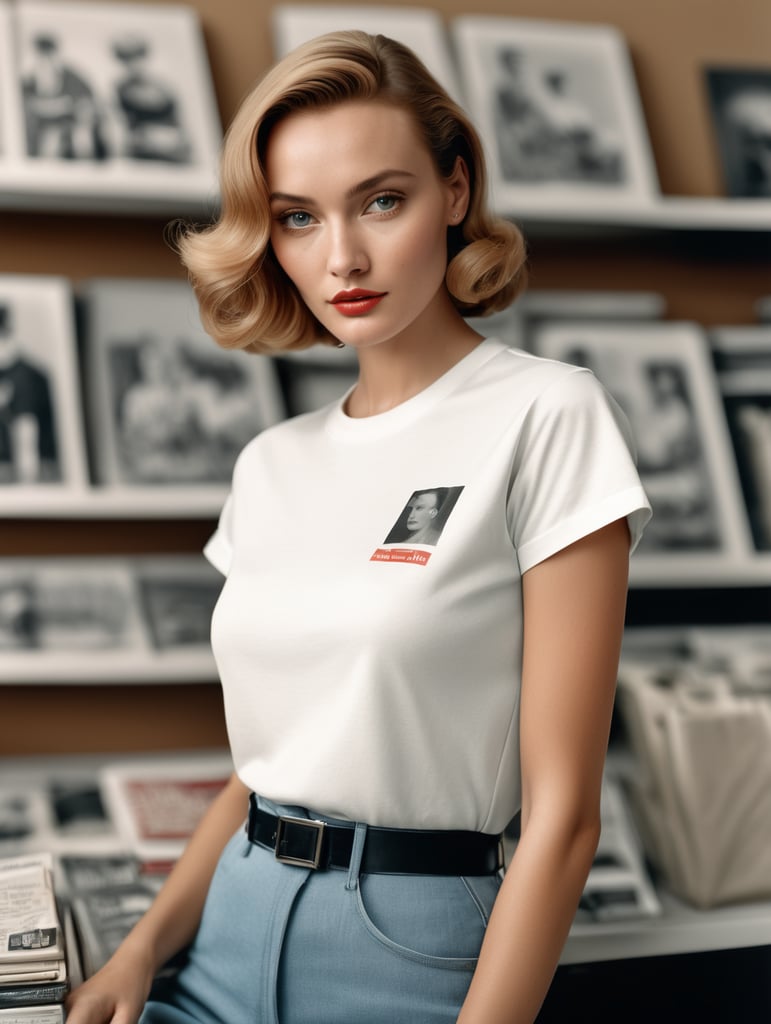 Extremely detailed photographic image, grained image, beautifully composed, monochrome image, 50's fashionable image, fashionable magazine photography, leica summicron 35mm f2.0, kodak 400tx, fashion photography, fashionable model, william s. burroughs, Woman wearing blank white T-Shirt in Clothing Store Mockup, mock up