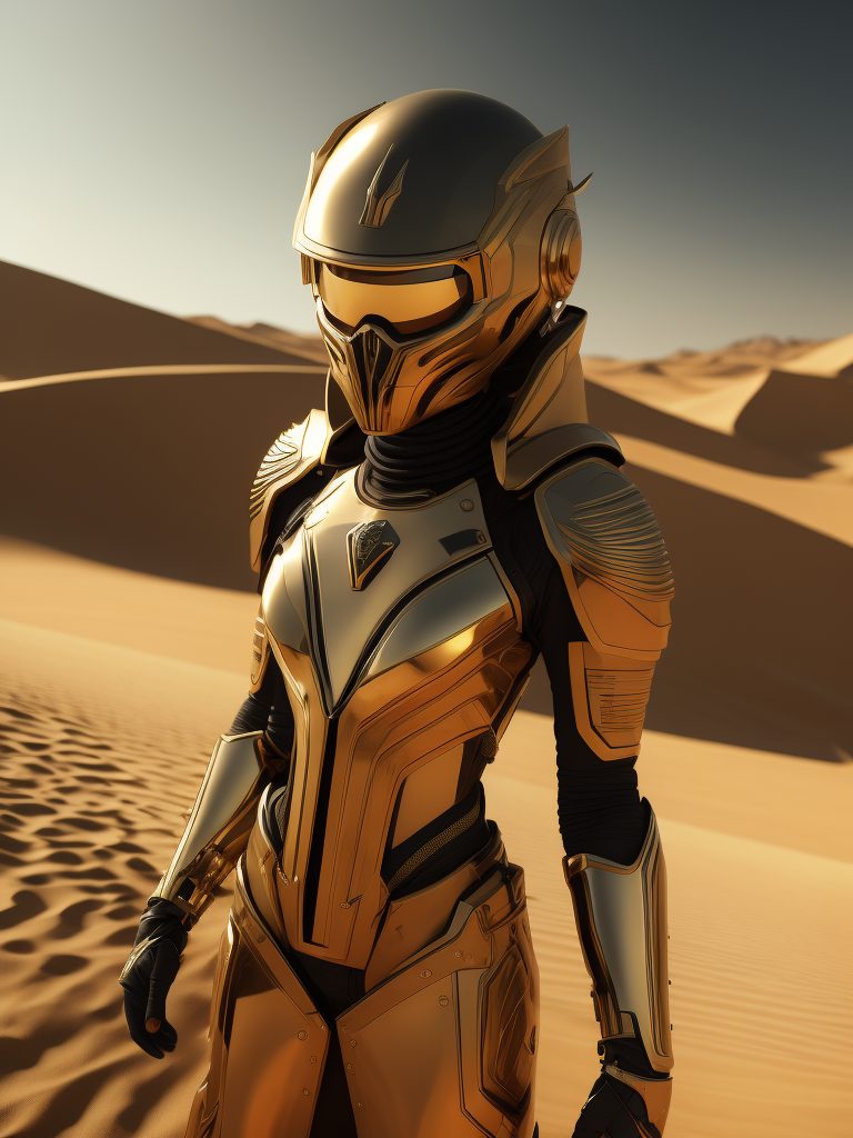 Cyber girl wearing gold chrome helmet, shining reflections, walking in the desert, photorealistic, hyper-detailed, dune atmosphere