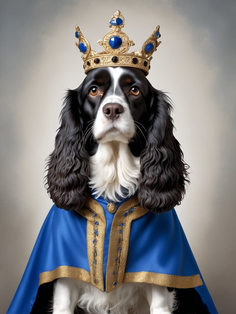 King Charles black and white spaniel dog, black long droopy ears, brown eyes, wearing 17th century clothes wearing a small simple gold crown, wearing a blue and gold decorative royal cape Copy prompt Copy URL Search similar