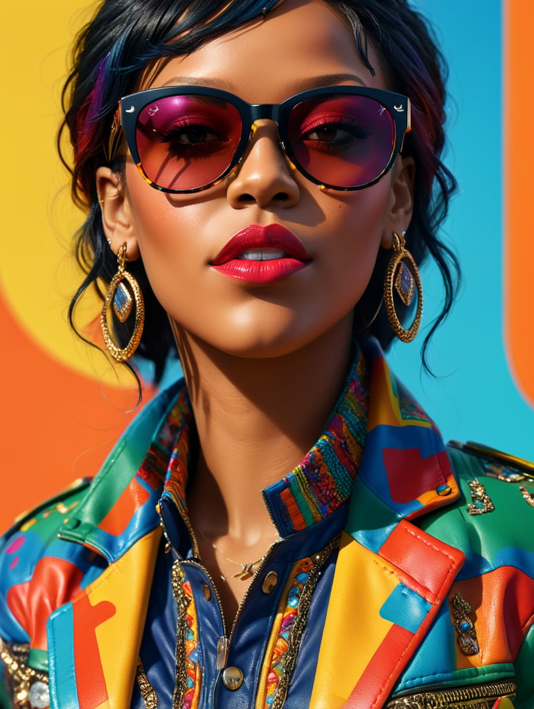 Rihanna wearing a brightly patterned jacket and wayfarer glasses, Vivid saturated colors, Contrast color