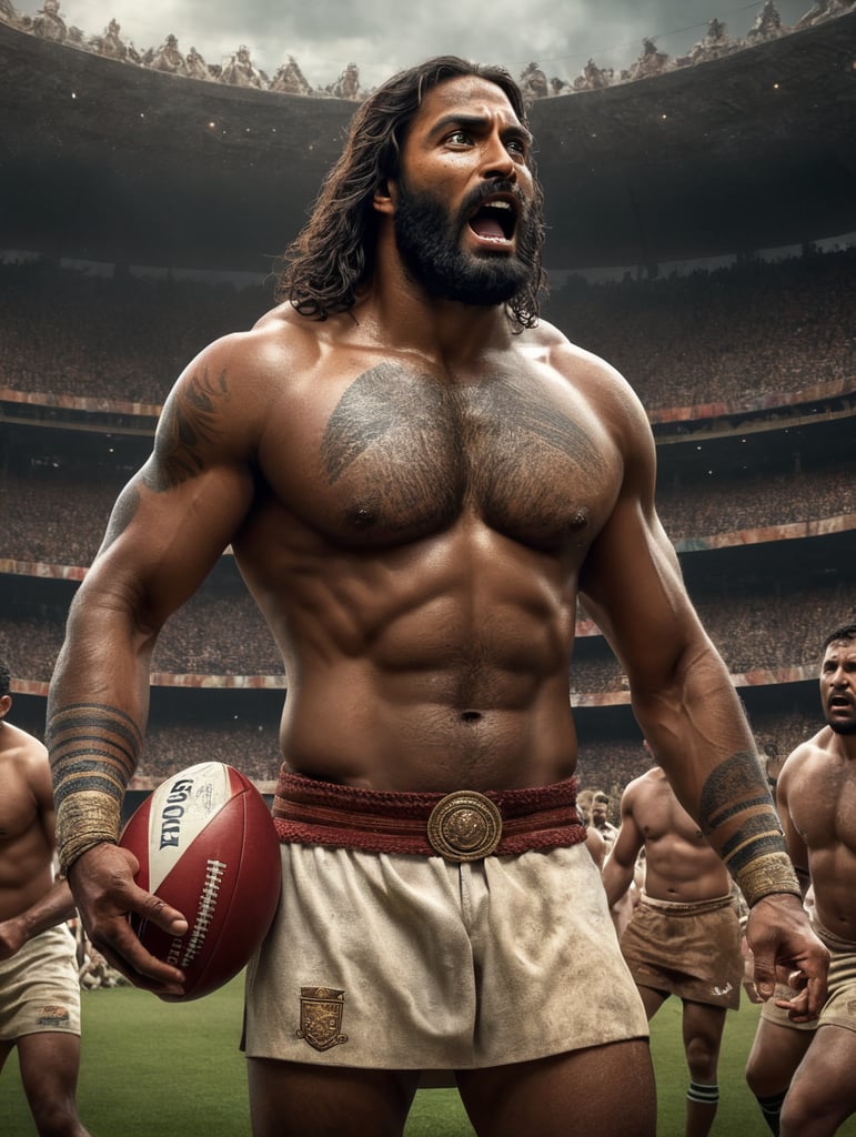 Fijian Jesus shirtless playing rugby