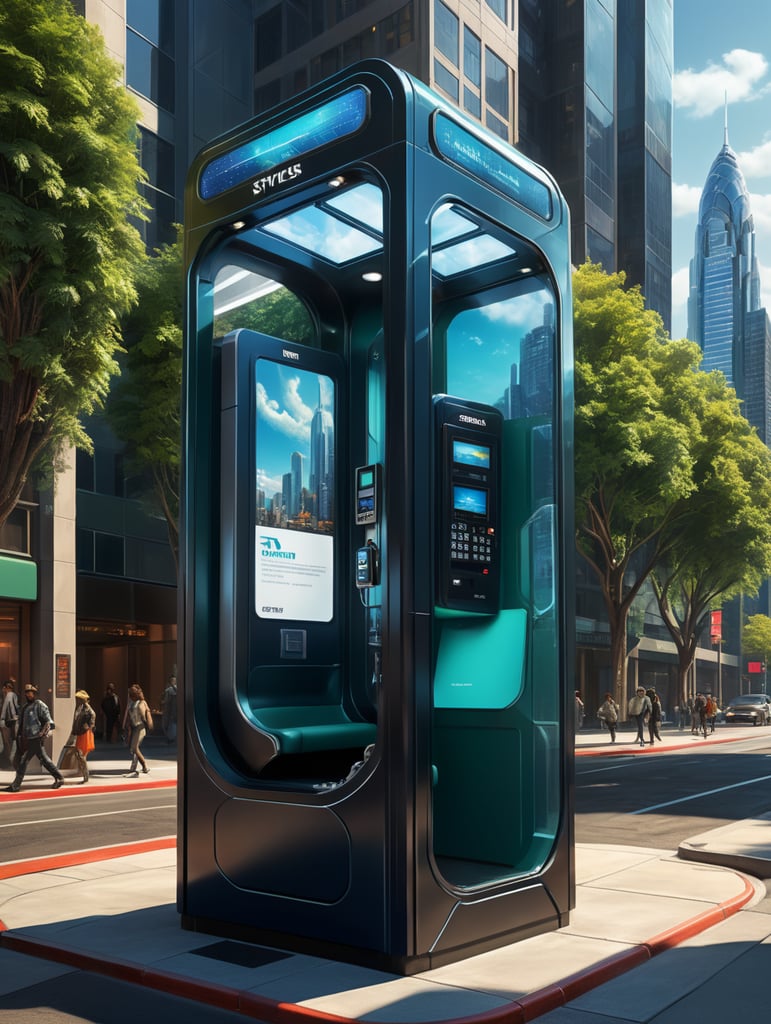 A sleek, state-of-the-art telephone booth with cutting-edge technology and solar power integration, presented through a professional digital illustration style. In the spirit of concept artist Syd Mead, this image showcases a futuristic, cityscape backdrop. The booth exudes minimalism and sophistication with its clean lines and advanced touchscreens. The color palette is a mix of cool, futuristic blues and vibrant, eco-friendly greens. Facial expressions are determined and focused, bathed in the glow of a digitally enhanced atmosphere, demonstrating the embodiment of professionalism in modern technology. --v 5 --stylize 1000