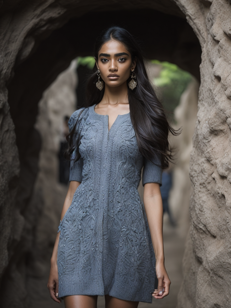 ultra hd! realistic! hyper realistic, photorealistic, hyperrealism, intricate, highly detailed, daylight, best quality, dslr, testptall indian female model walking down a fashion runway inside a cave, model is wearing a grey blue knit mini dress alexander mqueen style with east indian embroidery