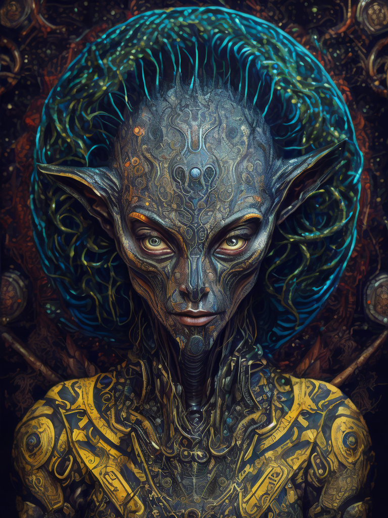 Portrait of an alien, batik, intricate details, surreal, Alien, Cyberpunk Trashcore Style, s 1000