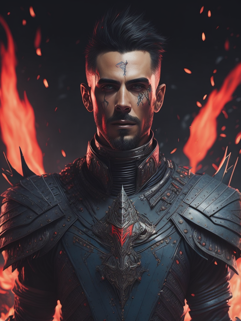 Highly detailed character design, a man with jagged broken teeth, wicked grin, wearing a red and blue tunic, intricate floral embroidery, cybernetic eyes, heavily lined, wrinkled, haggard face, spiked pauldrons, glowing details, ultrafine detail, epic cinematic lighting, action scene, seapunk, salvagepunk, cyberpunk art by Ruan Jei, Josan Gonzalez, Wayne Reynolds, vray render, volumetric lighting, postprocessing, sharp focus