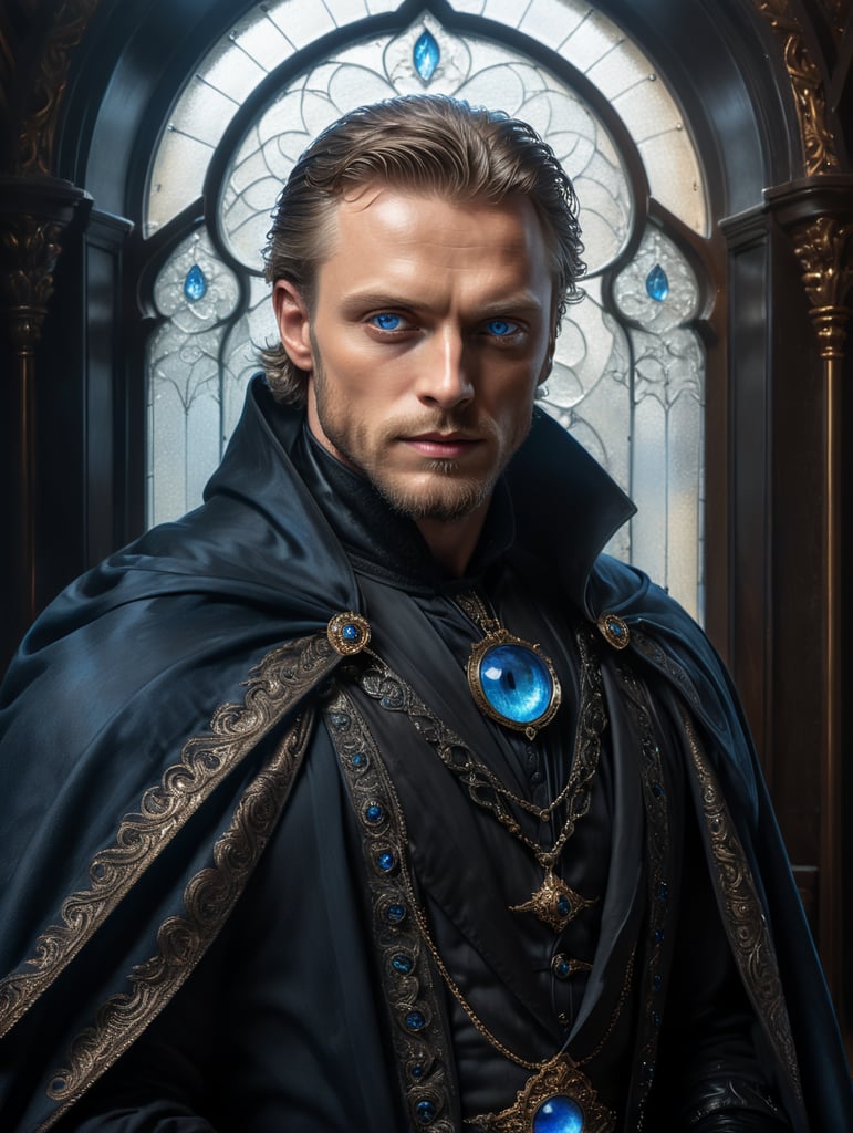 handsome brooding blue eye man standing in front of glass window wearing black cloak