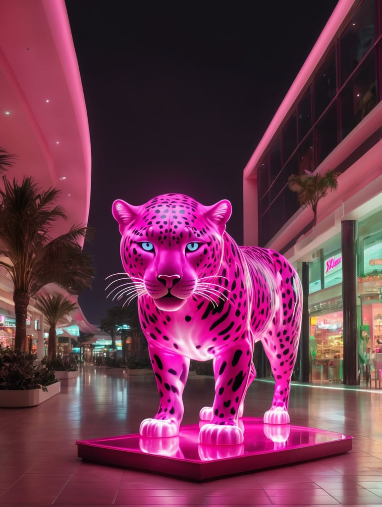 extra wide shot realistic translucent irridecent pink jaguar spirit animal in 90s mall at night