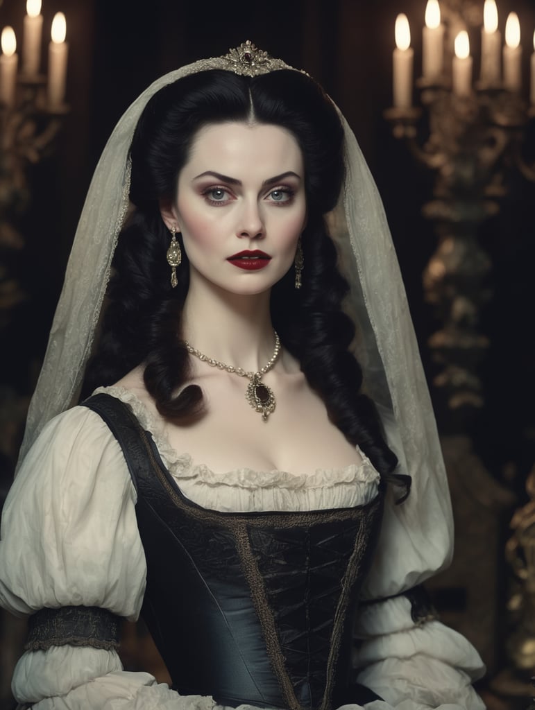 A dark haired, gorgeous pale skinned woman in 18th century dark russian aristocrat attire, (1980s dark fantasy cinematography:1.5), (1980s horror screen grab:1.5), realistic detail photography, grotesque vampire, film grain, dramatic lighting, (vampire fangs:1.2)