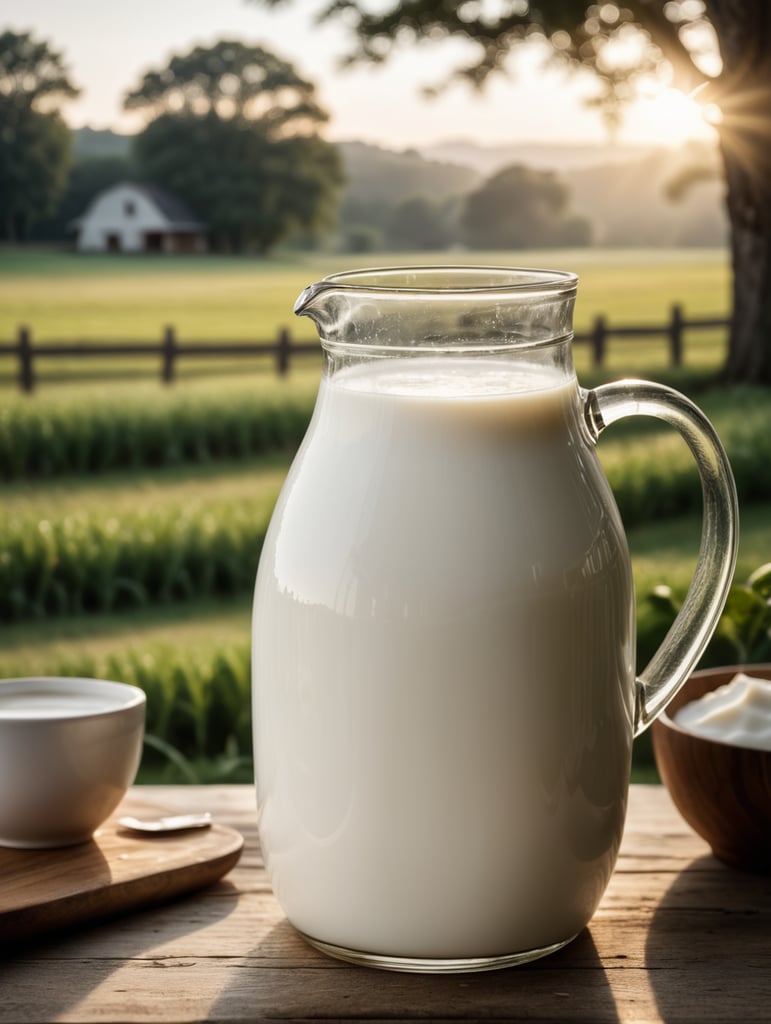 A mockup of a jug of milk, early morning, farm blurred background