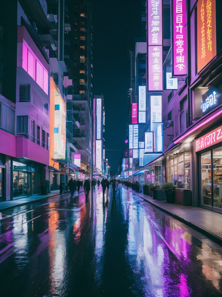 Little Tokyo street at night in neon light, neon advertising, purple-pink-blue tones, puddles on the road, incredible details, sharp focus
