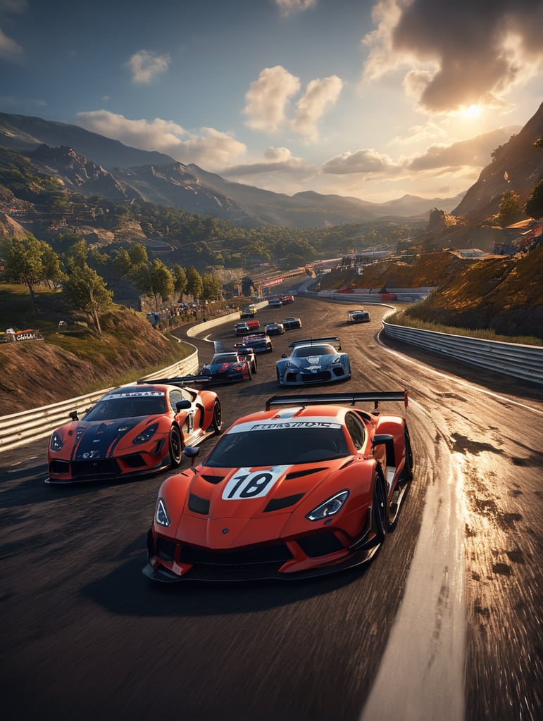 A video game render of an epic racing track, epic racing location, Asphalt 9 Legends style, incredible graphics, 4k